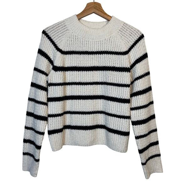 Vince Rib Stripe Crewneck Sweater Sz Small Cotton Textured Pampas Black Minimal - Picture 3 of 13